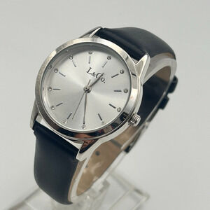 L&Co. Silver Tone Crystals Dial Black Leather St. Steel Women’s Watch Working